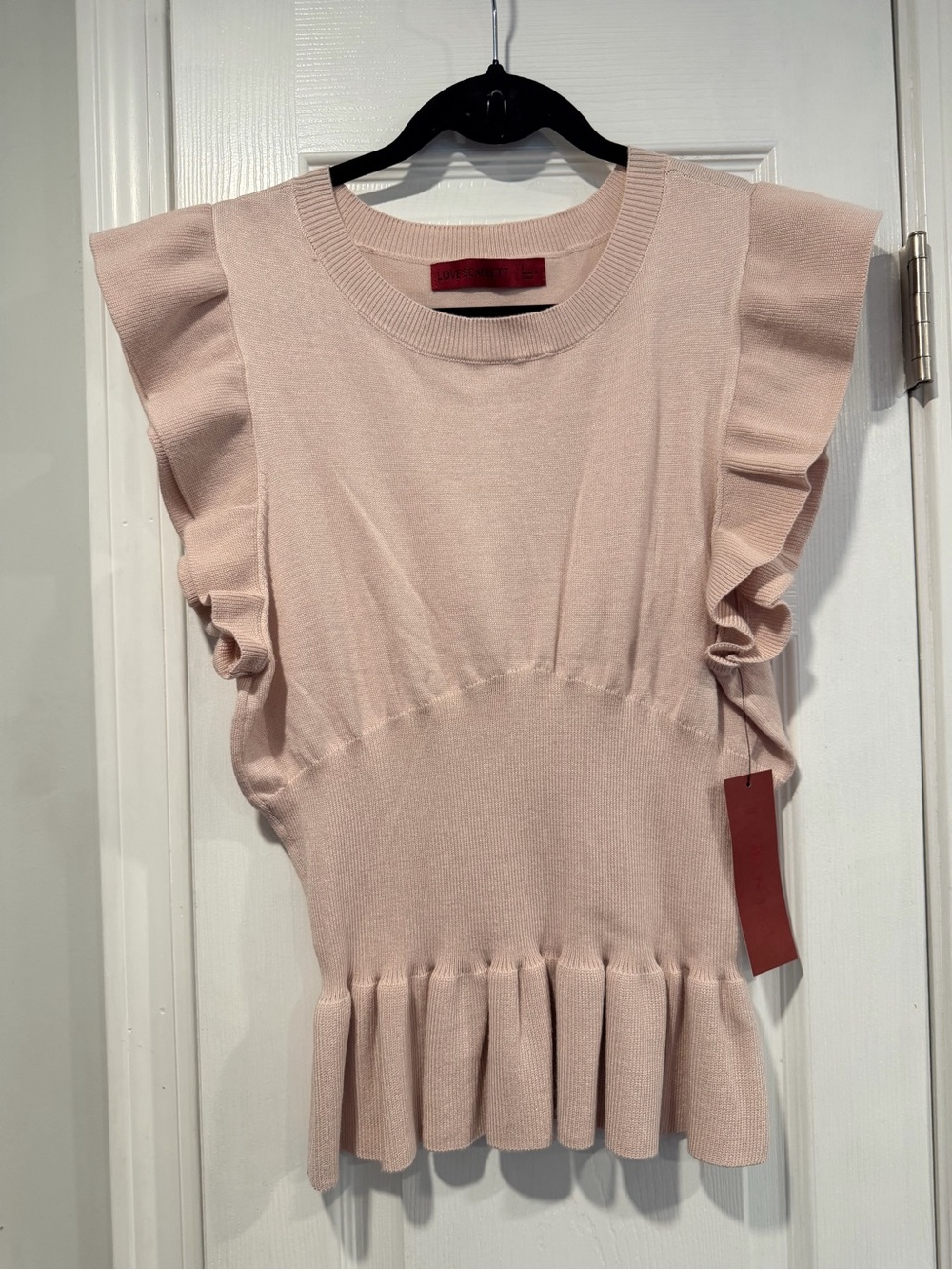 NWT Love Scarlett Size S Blush Pink Ruffle Sleeve Knit Peplum Top